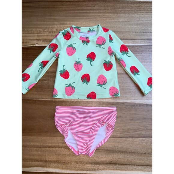 Carters Just One You Baby Girl Strawberry Rash Guard Striped Bottom Swimsuit Set - Picture 11 of 11
